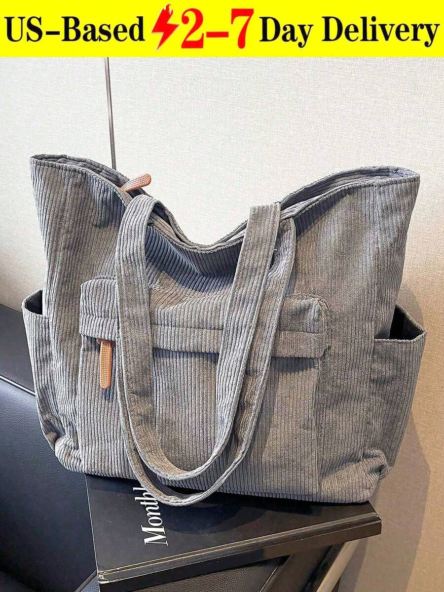 『US-Based Shipping』Simple Solid Color Corduroy Tote Bag For Women, Large Capacity Casual Outdoor Vacation Travel Shoulder Bag, Lightweight Versatile Shopping Groceries Storage Handbag, Portable Multi-Pocket Commuting Bags For Daily Office Work, Large School Tote Bag, Multiple Compartments, Perfect For Beach, School, Work & Daily Use, Literary School Bag & Bookbag For Women Or Students, Vintage Satchel Shopping Bag College Computer Bags Large Capacity, Lightweight, Portable, Suitable For Teen  Perfect For Back To School, New Fall Fashion 2025 For Women,Large Capacity Casual Outdoor Vacation Travel Shoulder Bag, Lightweight Versatile Shopping Groceries Storage Handbag, Portable Multi-Pocket Commuting Bags For Daily Office Work, Large School Tote Bag, Multiple Compartments, Perfect For Beach, School, Work & Daily Use, Literary School Bag & Bookbag For Women Or Students,Bolsos Para Mujer,Tote Bags For Women,Bags For Women,Shoulder Bag,Carteras,Carteras Para Mujer,Bolsas,Designer Handbags - 灰色 - 查看 1