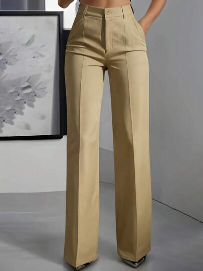 ANCHOSE Women's Elegant Khaki Slim Fit Suit Pants With Tailored Details, Suitable For Commuting In Autumn