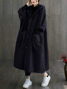 秋冬女士宽松长款风衣，大口袋，纽扣前襟，连帽，休闲百搭 - 藏蓝色 - 查看 5