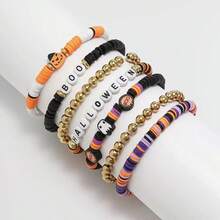 1 Set European & American Style Halloween New Skull Pumpkin Handmade Polymer Clay Bracelet Set, Witch Spider English Letter Charm Bracelet Jewelry Set