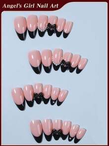 Discover The Magic Of Nail Couture ,24pcs Almond Black French Tip Press On Nails ,Pearls And Bows Trim Design, Easy To Wear Acrylic False Nail Set,Red Nails,Contain 1pc Jelly Glue And 1pc Nail File, Suitable For Women And Girls Daily Life And All Kinds Of Party Use