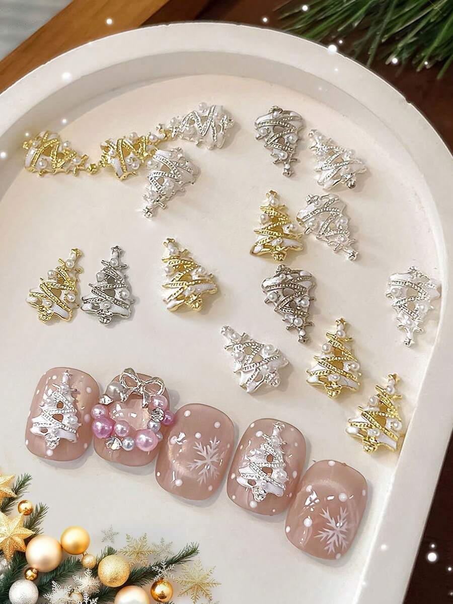 Beautizon Nailartlab 5pcs New Christmas Nail Art Alloy Decor Set, Luxury Rhinestone & Pearl Christmas Tree Nail Decorations - Multicolor - View 1