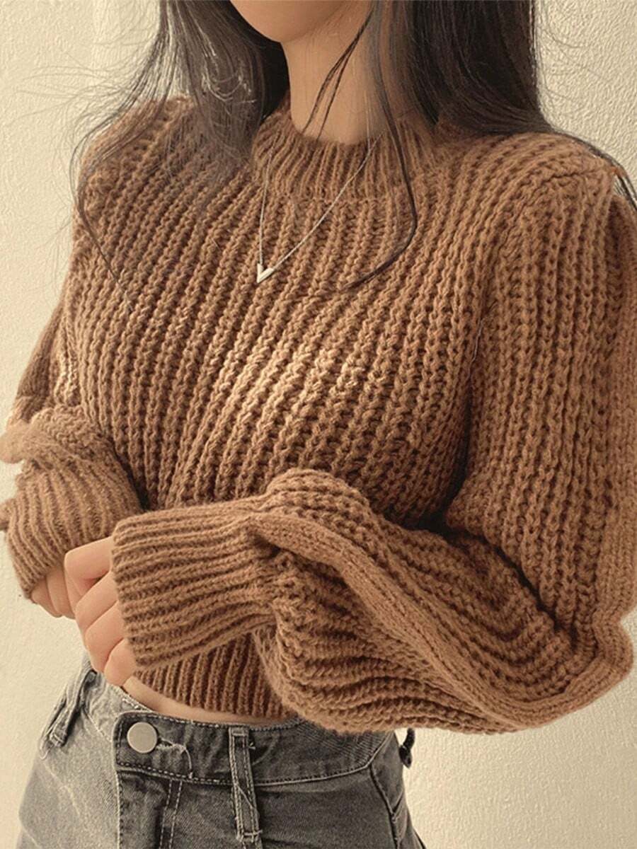 Vintage Harajuku suéter de manga larga suelta de las mujeres, prendas de punto coreano, suave Top caliente, la moda de las mujeres de otoño e invierno suéter de color sólido - Marrón - Ver 1