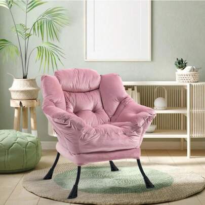 1 Sessel mit Kissen und Seitentaschen, bequemer Schlafzimmersessel, belastbar 150 kg, ergonomischer Bürostuhl für Wohnzimmer, Büro, Schlafzimmer, Metallgestell, 80x65x95 cm