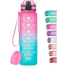 Motivational Water Bottle With Time Marker And Fruit Strainer, Leak-Proof, With Carrying Strap, Perfect For Fitness, Gym And Sports - Hồng Xanh - Xem 1