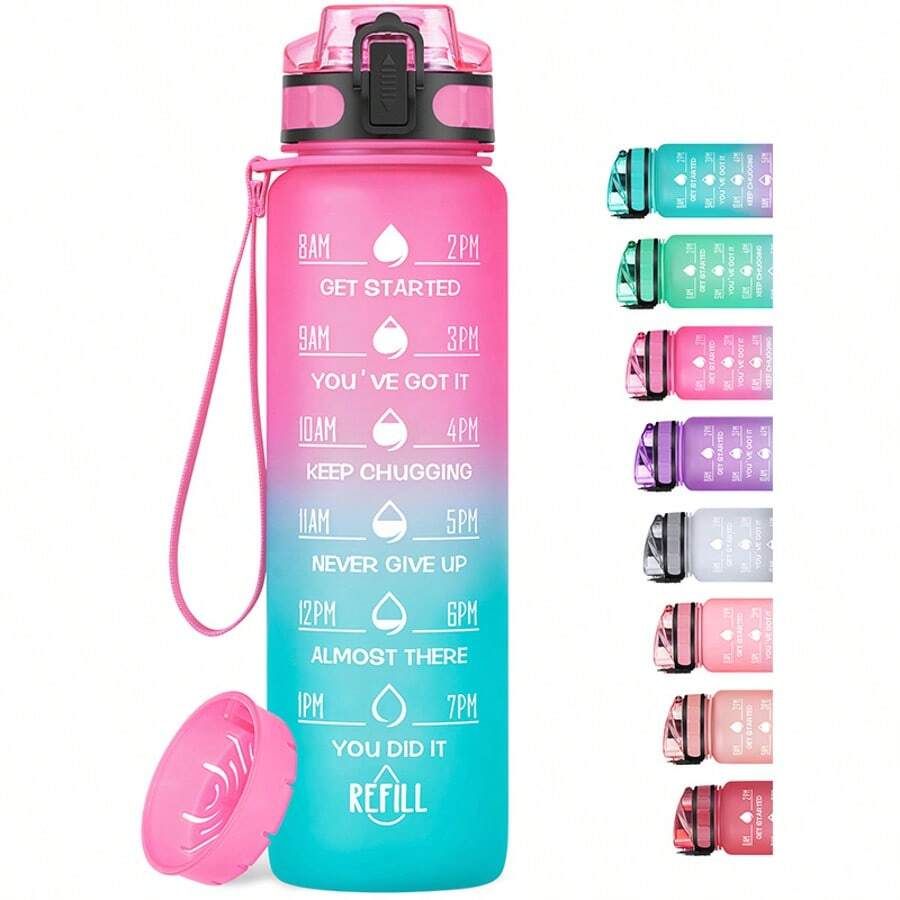 Motivational Water Bottle With Time Marker And Fruit Strainer, Leak-Proof, With Carrying Strap, Perfect For Fitness, Gym And Sports - Hồng Xanh - Xem 1
