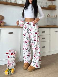 SANRIO Bộ 2 quần pajama vải flannel, in hình hoạt hình toàn thân, ống rộng, cạp chun co giãn, ấm áp, kiểu dáng dễ thương cho bé gái, phù hợp mặc trong nhà và ngoài trời, mùa thu/đông. - Nhiều màu - Xem 9