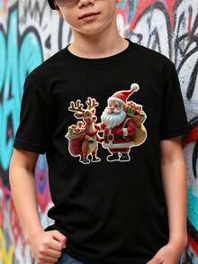 Playeras de niño Papá Noel y Renos con Regalos blusas para adolescentes sudaderas de niño Camisetas navideñas Regalos navideños Camisetas de niña Camiseta de Halloween para niñas Camisetas para niños y niñas La tela es suave, transpirable y cómoda, hecha de puro algodón. - Negro - Ver 1