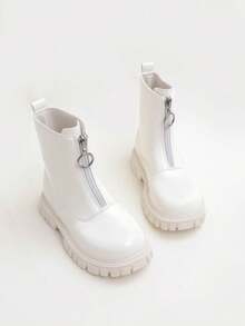 1 Pair Minimalist Solid Color Front Zipper Glossy Children Boots, Suitable For Outdoor Play, Autumn/Winter Season