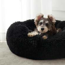 Calming Soft Round Dog & Cat Bed, Anti-Anxiety Donut Cuddler Warming Cozy Fluffy Faux Fur Plush Cushion Bed For Small Medium Pets (20"/24"/27"/30"), Light Grey - màu đen - Xem 3