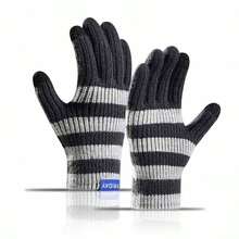 Winter Warm Gloves For Men, Thick Thermal Lining Outdoor Cycling Sports Cold-Proof Knitted Touchscreen Striped Casual Acrylic Gloves Winter Gear Snow Gloves