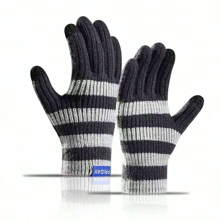 Winter Warm Gloves For Men, Thick Thermal Lining Outdoor Cycling Sports Cold-Proof Knitted Touchscreen Striped Casual Acrylic Gloves Winter Gear Snow Gloves