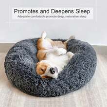 Ultra - Soft Faux Fur Round Plush Donut Cuddler Bed For Large, Medium, And Small Dogs And Cats, Cat Calming Bed - Màu xám đen - Xem 5