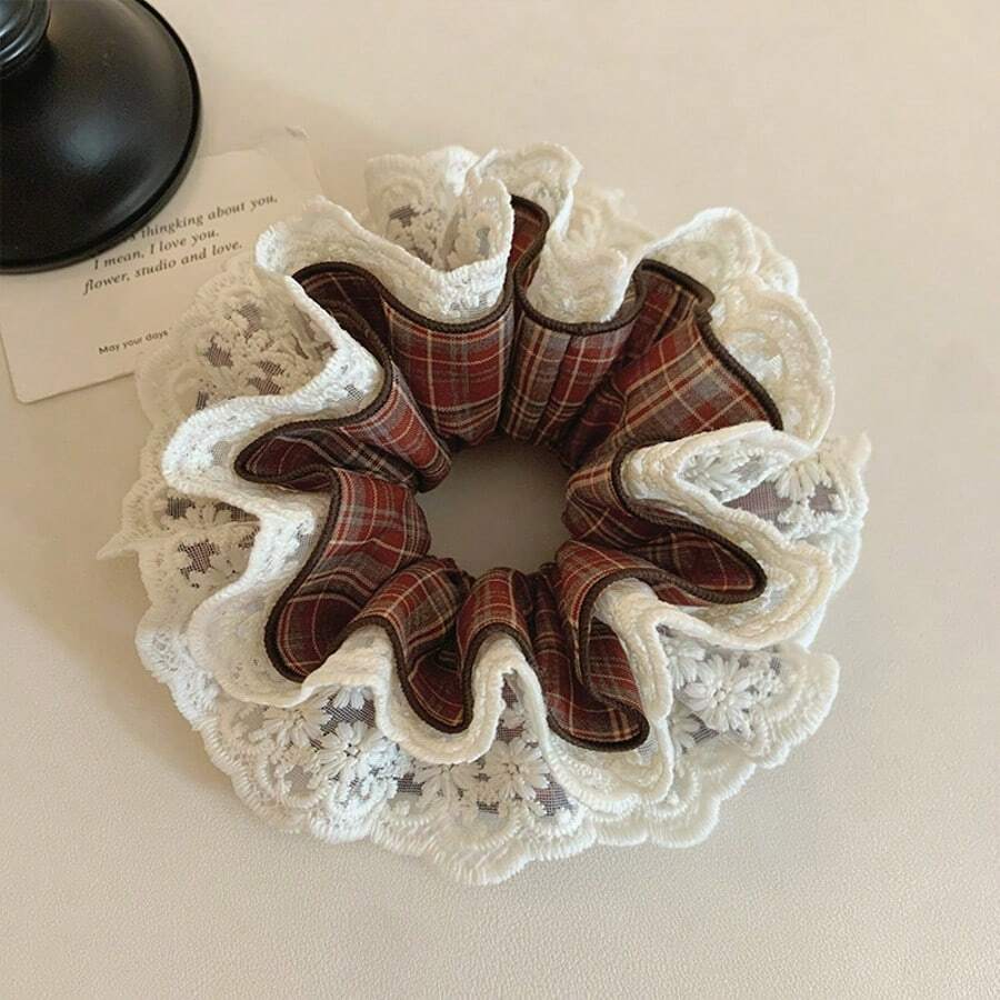 1pc Elegant Lace Multilayer Hollow Floral Hair Scrunchie, Delicate Design, Versatile For Daily Use ,Hair Ties ,Scrunchy Hair Ties Ponytail Head Accessories Elastic Band - Coffee Brown - View 1