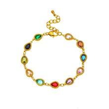 1 pieza Pulsera de mujer de acero inoxidable con cadena geométrica ovalada, en forma de lágrima y cuadrada, con piedras preciosas de colores incrustadas de manera micro