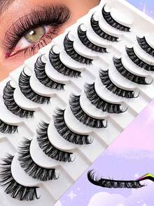 10 Pairs D Curl Russian Strip False Eyelashes Cat Eye Lashes Natural Look Fluffy Faux Mink Lashes Volume Wispy Long Foxy Eye Lifting Look Fake Eyelashes - 黑色 - 查看 3