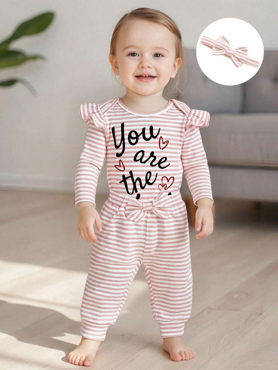 Conjunto de 3 piezas para bebé niña, otoño, mono de manga larga con estampado del alfabeto + pantalón de punto a rayas + diadema ajustable con lazo, mezcla de algodón suave, talla 1-18 meses, perfecto para uso diario y fotos familiares. - Rosa - Ver 1