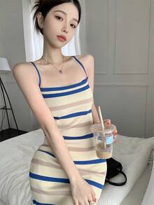 Elegante Vestido de tirantes de Mujer, Vestido sin Mangas, Entallado, Tejido de Rayas - Albaricoque - Ver 9