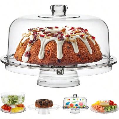 Homeries Acrylic Cake Stand With Dome Cover 6 In 1 MultiFunctional Serving Platter And Cake Plate Use As Cake Holder Salad Bowl Platter Punch Bowl Desert Platter Nachos And Salsa Plate
