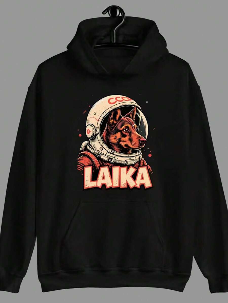 Men'S Cosmic Laika Astronaut Dog Hoodie - Retro Space Explorer Graphic Sweatshirt With Laika The Dog & Soviet Space Program Design, Cozy Loose Fit Pullover For Sci-Fi Fans, Dog Lovers & History Buffs, Autumn/Winter Casual Wear, Unique Gift For Men, Cat Hoodie, Vampire Man, Men'S Halloween Hoodie, Cash Merch, Men'S D-Print Hoodie,Fall Hoodies,Men's Fall Clothes,Street Wear,Halloween,Mens Hoodies,Y2k Clothes,Jesus Hoodie,Thanksgiving Day,Nightmare Before Christmas,Christmas - Black - View 1