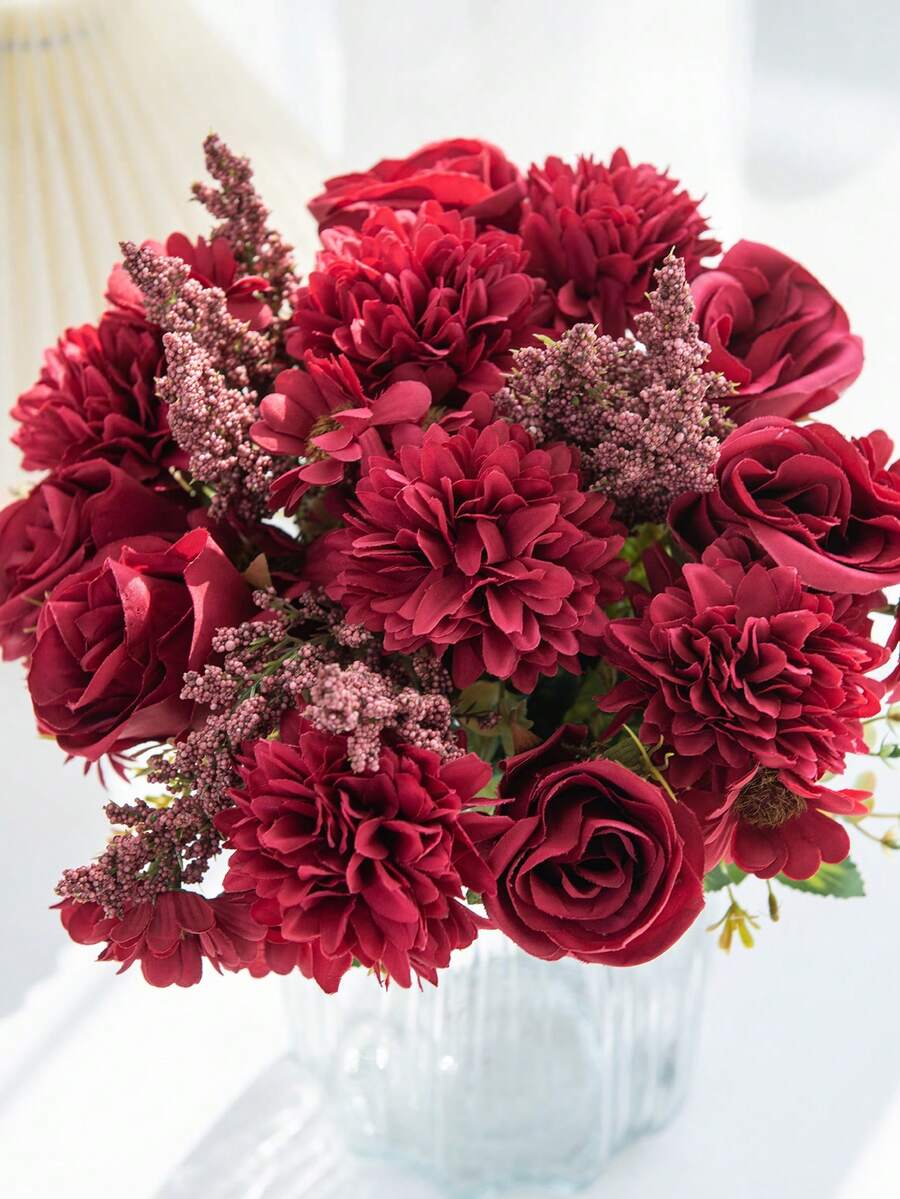 1个仿真牡丹丝绣花球,适用于秋季家居装饰、情人节花瓶、婚礼花束、花园玫瑰拱门、客厅装饰、新年装饰、观赏花盆 - 紅色 - 查看 1