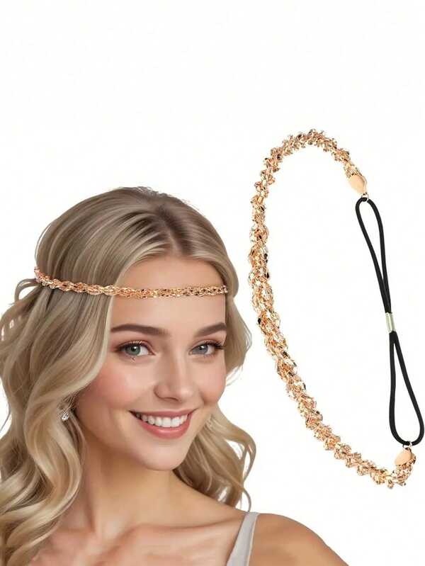 1pc Fashionable Minimalist Personalized Sweet Hollow Metal Texture Woven Chain Headband Hair Accessory, Shiny Zinc Alloy For Party, Headpiece
