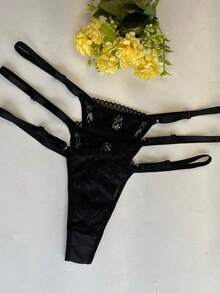 Kit Of 3 Lace Panties With Double String And Side Adjustment. Comfortable, Transparent Fabrics, Lingerie, Intimate Fashion, Perfect Fit. - Black - View 4