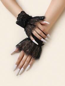 1pc Fashionable & Elegant Black Lace Cuff Gloves - Black - View 2
