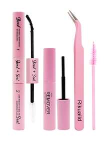 Rikuaild 1支睫毛粘合剂，1瓶卸妆液，1把镊子，1把睫毛刷，10毫升单根睫毛粘合剂，睫毛涂抹器，二合一簇睫毛粘合剂，睫毛刷，簇睫毛专用胶水，睫毛胶水，镊子，睫毛粘合剂，簇睫毛工具，睫毛嫁接工具，睫毛工具套装 - 彩色 - 查看 1