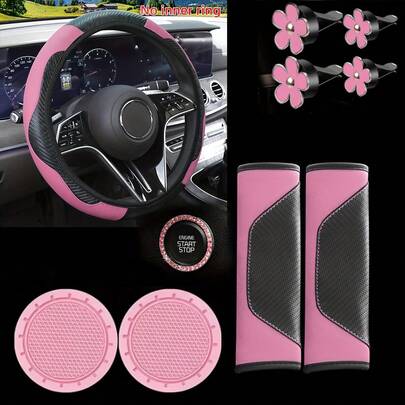 10 piezas Juego de accesorios para el interior del automóvil - Funda para volante, almohadillas para el hombro del cinturón de , clip de rejilla con margarita, posavasos para portavasos y anillo decorativo para el botón de arranque - Aporta un nuevo diseño de moda al interior de cualquier vehículo