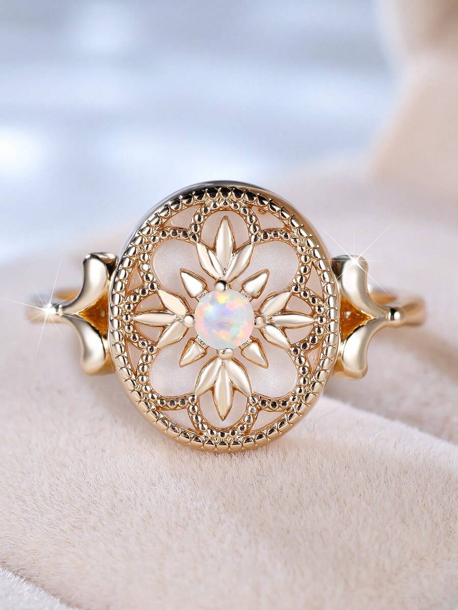 Tsnamer 1枚复古花卉白色玛瑙圆戒指，复古金色订婚戒指，结婚首饰