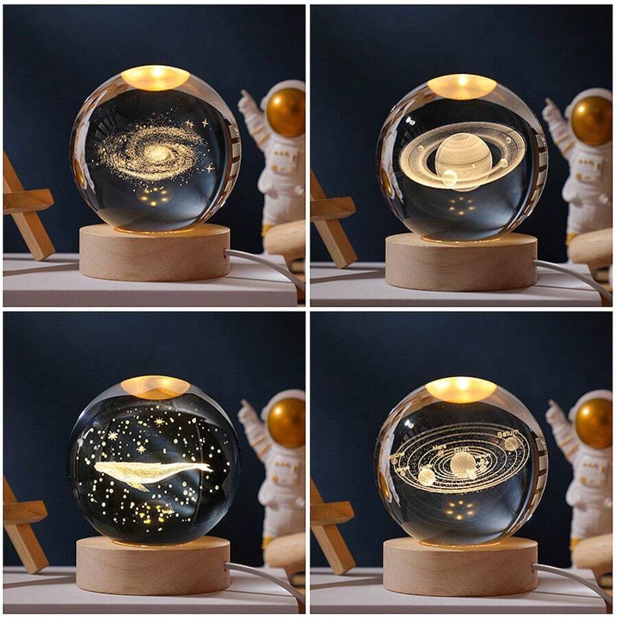 3D Night Light, Crystal Glass Ball Lamp, Moon, Galaxy, Solar System, Jupiter, Ferris Wheel Crystal Ball Night Light With Wooden Base, Bedside Lamp, Valentine's Day Gift, Warm Yellow Crystal Ball Night Light With Galaxy And Planet Pattern, Birthday Gift - Multicolor - View 1