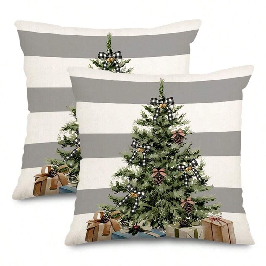 2PCS Christmas Pillowcase Sofa Decoration, Striped Pine Christmas Gift Indoor And Outdoor Decoration, Winter Christmas Farmhouse Party Pillowcase, Single-Sided Without Pillow Insert