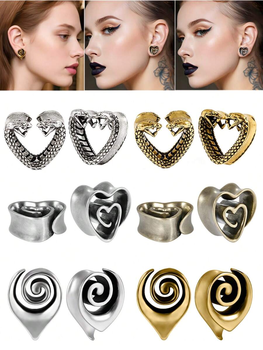 1PC Copper Heart Swirl Ear Gauges Snake Ear Tunnel Plugs Apiral Expanders Shell Earrings Plugs Piercing Body Jewelry