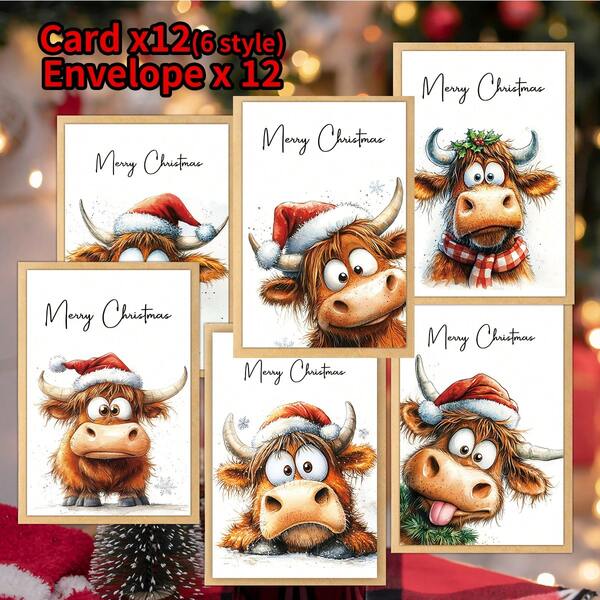 12pcs Funny Highland Cow Christmas Greeting Cards With Envelopes, Holiday Blessing Cards For Friends And Family, Universal Christmas Celebration Cards, Blessing Cards