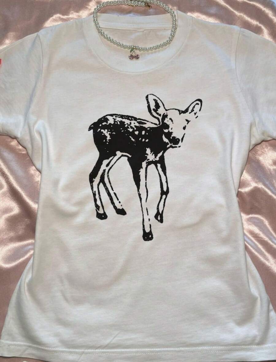 Grunge Deer Y2K Baby Tee, 90s Aesthetic Vintage Fawn Baby Tee, Rockstar Gf Aesthetic Fawn Baby Tee, .Jpg - trắng - Xem 1