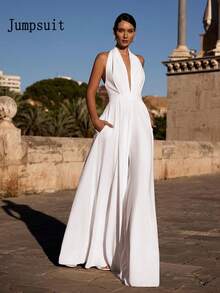 Solid Color Knit Fabric Backless High Slit Zipper Jumpsuit, Suitable For Holidays, Birthdays, Parties, Back To School, Singles' Parties, Stage And Concerts, Spring/Summer - White - View 2