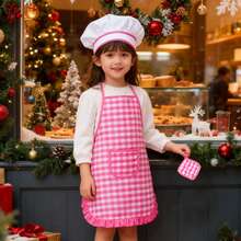 1 套儿童厨师烹饪格子围裙角色扮演玩具套装，男孩女孩烘焙角色扮演，家庭互动，圣诞服装 - 彩色 - 查看 3