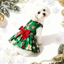 Vestido de festa natalina para animais de estimação (1 peça) com estampa de Papai Noel e flocos de neve.