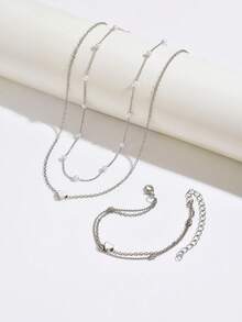 2pcs Necklace + 1pc Double Layer Bracelet, Elegant Minimalist Faux Pearl Heart Chain Necklace & Bracelet Jewelry Set, Great Gift Choice For Women, Suitable For Daily, Party, Wedding Dress Matching