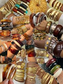 Vintage Elegant Retro Coin Design 1-25pcs/Set Metal Geometric Asymmetrical Hollow Line Wrapped Flower Carved Textured Wide Bangle Bracelet, Exaggerated Hiphop High-End Jewelry For Women Men Couples, Ideal For Vacation, Party, Date, Holiday Gift, Daily Matching, Halloween, Christmas, New Year (Random Style) - Multicolor - View 18