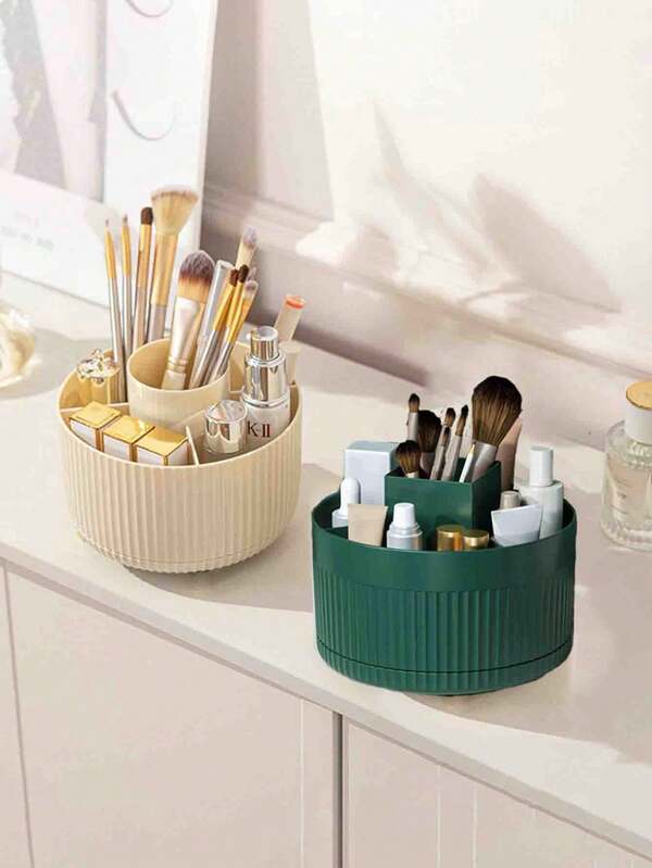 1pc Rotating Makeup Brush Holder & Cosmetic Storage Box, 360° Swivel Makeup Organizer For Desk, Bedroom, Office, Sturdy PP Material