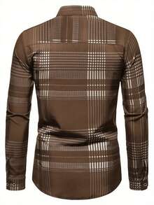 男士经典优雅格子长袖衬衫，展现英伦风情，商务精英格纹系列，长袖单排扣翻领衬衫，适合所有季节，舒适百搭，全天穿着 - 棕色 - 查看 4