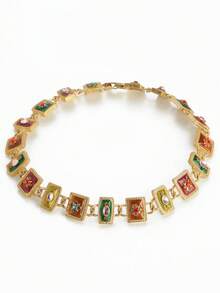 Conjunto de joyería vintage con acabado envejecido de collar y pulsera de cobre chapado en oro de 18K con diseño geométrico cuadrado de esmalte en relieve, accesorios para bodas