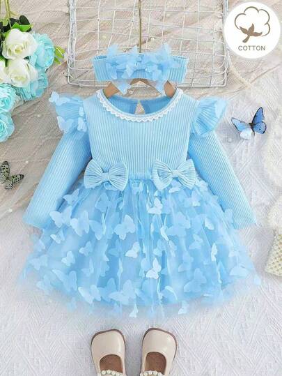 Set de 2 vestidos de princesa para niñas bebé en color rosa con manga larga, volantes y contraste de malla, para primavera y otoño