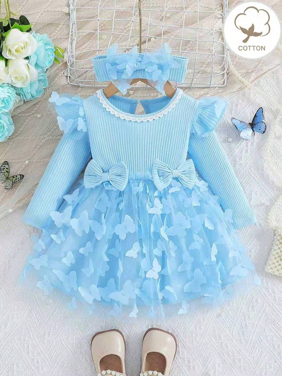 2 件装女婴粉色长袖荷叶边和网眼撞色公主裙套装，适合春季和秋季 - 淺藍色 - 查看 1