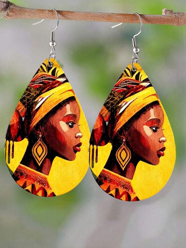 1 Pair Colorful African Portrait Pendant Earrings, Teardrop Retro Print Handmade Earrings, Suitable For Women Daily, Party, Mother's Day As Creative Gift