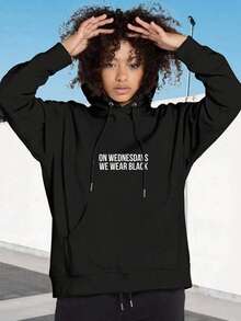 Women's Graphic Printed Casual Hoodie With Pocket On Wednesdays We Wear Black Winter Fall Cloth For Women Autumn - 黑色 - 查看 1