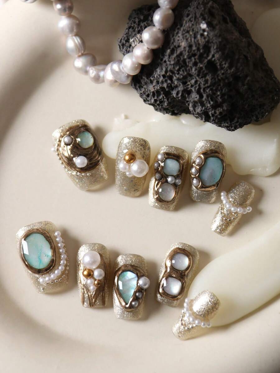 10pcs Vintage Bronze, Industrial Blue Shell, Pearl Cat Eye Reusable Short Fake Nails Set, Includes 1 Adhesive Sticker And 1 Mini Nail File Handmade Press On Nails - Multicolor - View 1