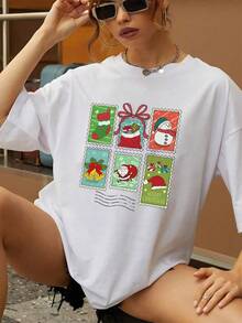 Camiseta para mujer con estampado navideño. Cómoda y elegante camiseta color marfil con un adorable Papá Noel, muñeco de nieve, campanas y adornos. Mezcla de algodón supersuave, perfecta para un estilo navideño informal. Un regalo original para esta temporada. Talla extragrande. - Blanco - Ver 6